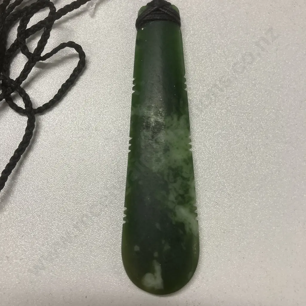 Large Greenstone Bound Teardrop With Notch Detail & Rounded Base, 9.5cm, Plaited Black Cord Image 1++