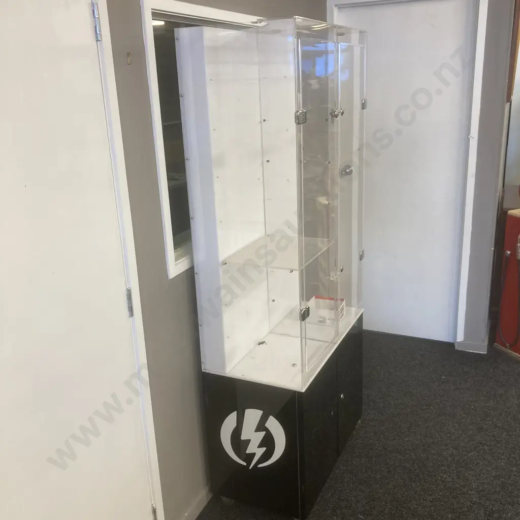 Perspex Display Cabinet Illuminated At Back, On Castors (No Key) H180 W77 D40.5cm (As Found Condition) Image 1++