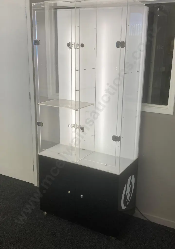 Perspex Display Cabinet Illuminated At Back, On Castors (No Key) H180 W77 D40.5cm (As Found Condition) Image 1++