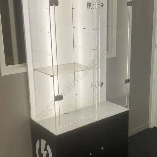 Perspex Display Cabinet Illuminated At Back, On Castors (No Key) H180 W77 D40.5cm (As Found Condition)