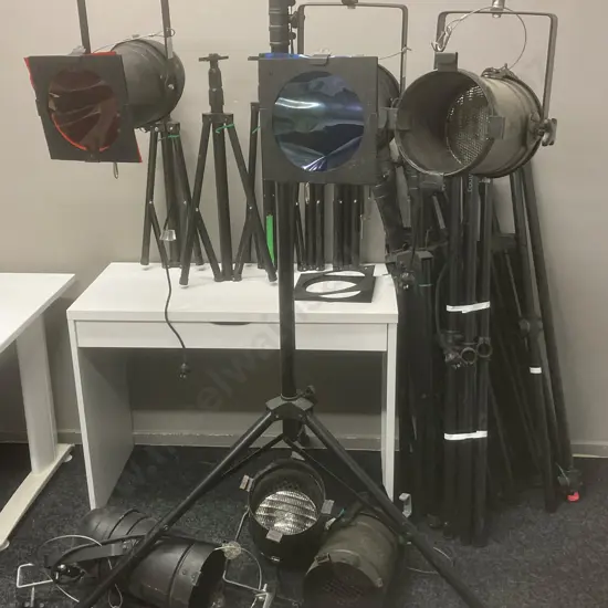 Lot of Stage / Entertainment Lights,3 x PAR-64L Lights, 3 x Can lights, Assorted Sized Adjustable Stage Light Stands