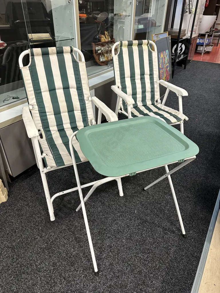 Outdoor Folding Chairs x 2, Green & White & Table Image 1++