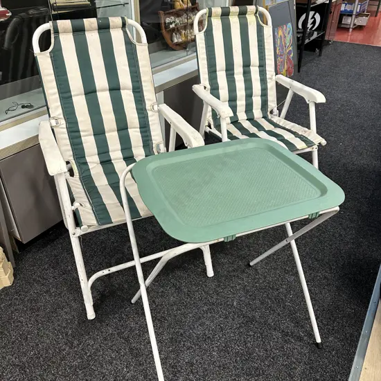 Outdoor Folding Chairs x 2, Green & White & Table