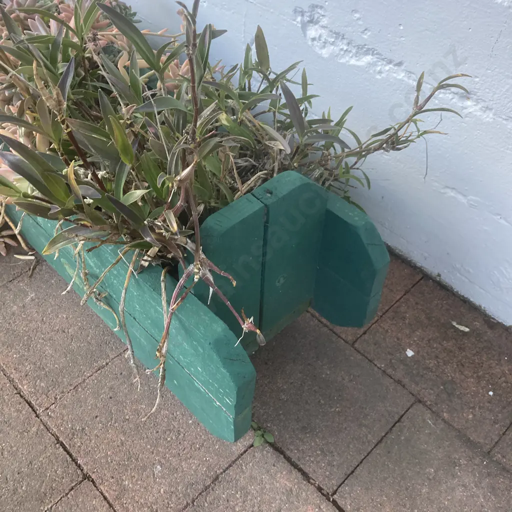 Assorted Succulents In Green Painted Wooden Trough Planter, H32 W118 D26cm Image 1++