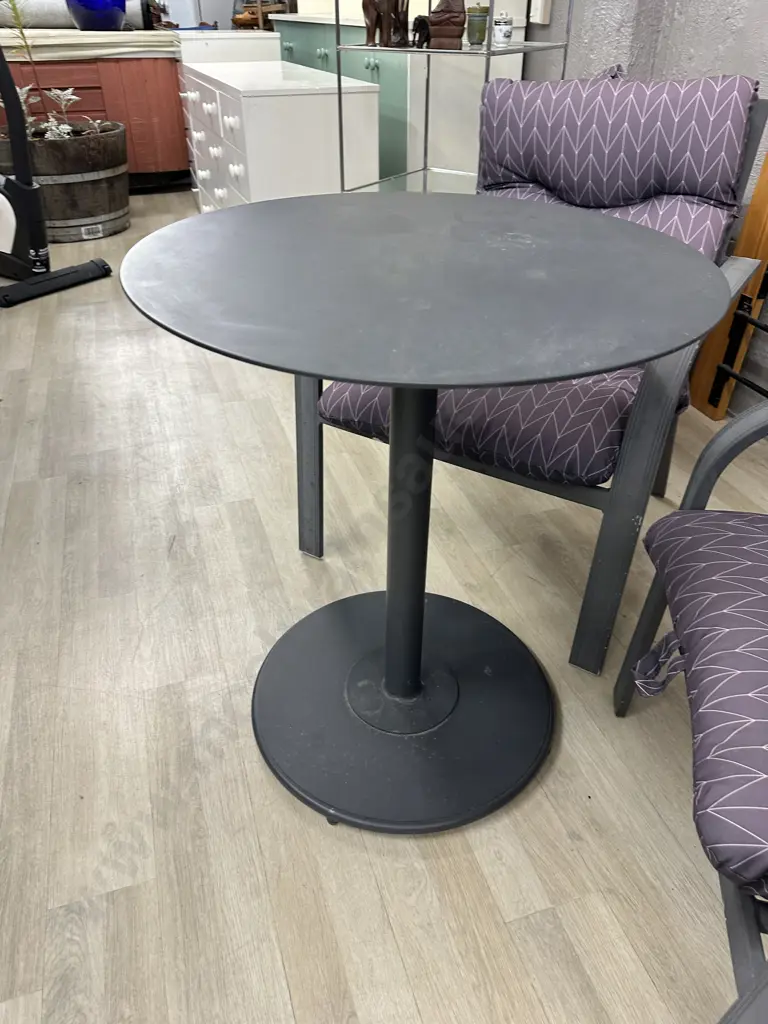 Dark Grey Aluminium Patio Chairs With Purple Squabs, Round Steel Table 75 x 65cm Image 1++