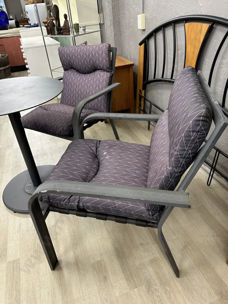 Dark Grey Aluminium Patio Chairs With Purple Squabs, Round Steel Table 75 x 65cm Image 1++