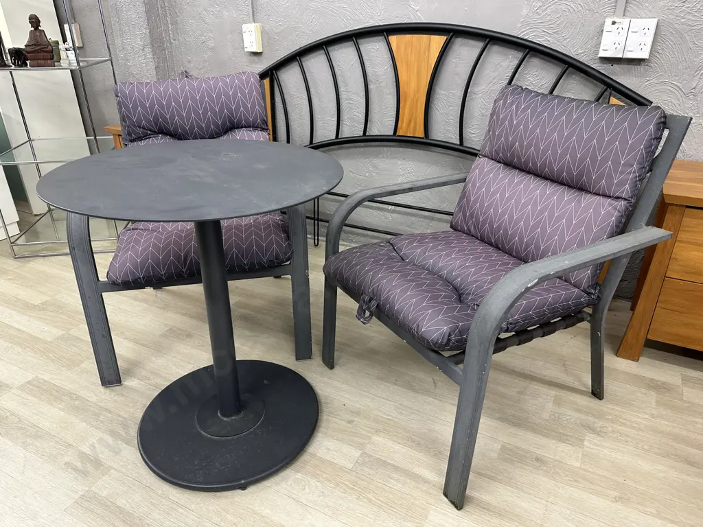 Dark Grey Aluminium Patio Chairs With Purple Squabs, Round Steel Table 75 x 65cm Image 1++