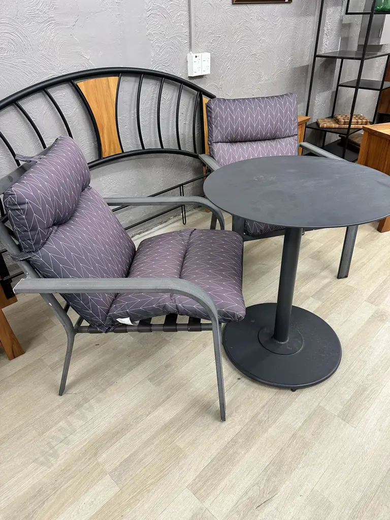Dark Grey Aluminium Patio Chairs With Purple Squabs, Round Steel Table 75 x 65cm Image 1++