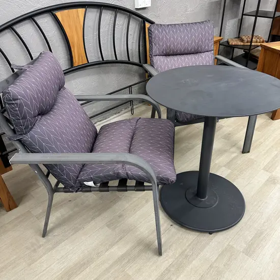 Dark Grey Aluminium Patio Chairs With Purple Squabs, Round Steel Table 75 x 65cm