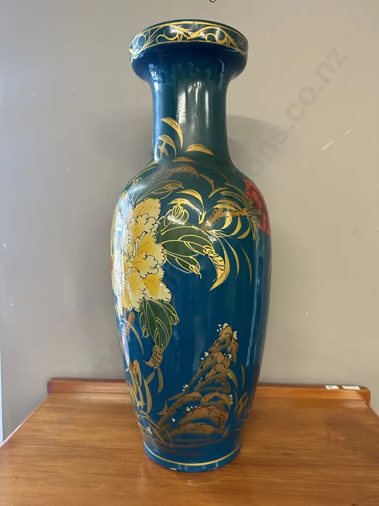 Large Vintage Hand painted Floor Vase, Aqua Background Floral Detail, H62cm Image 1++