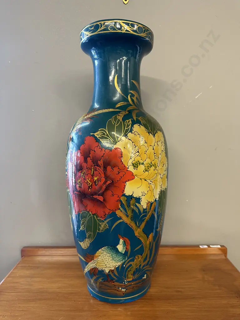 Large Vintage Hand painted Floor Vase, Aqua Background Floral Detail, H62cm Image 1++
