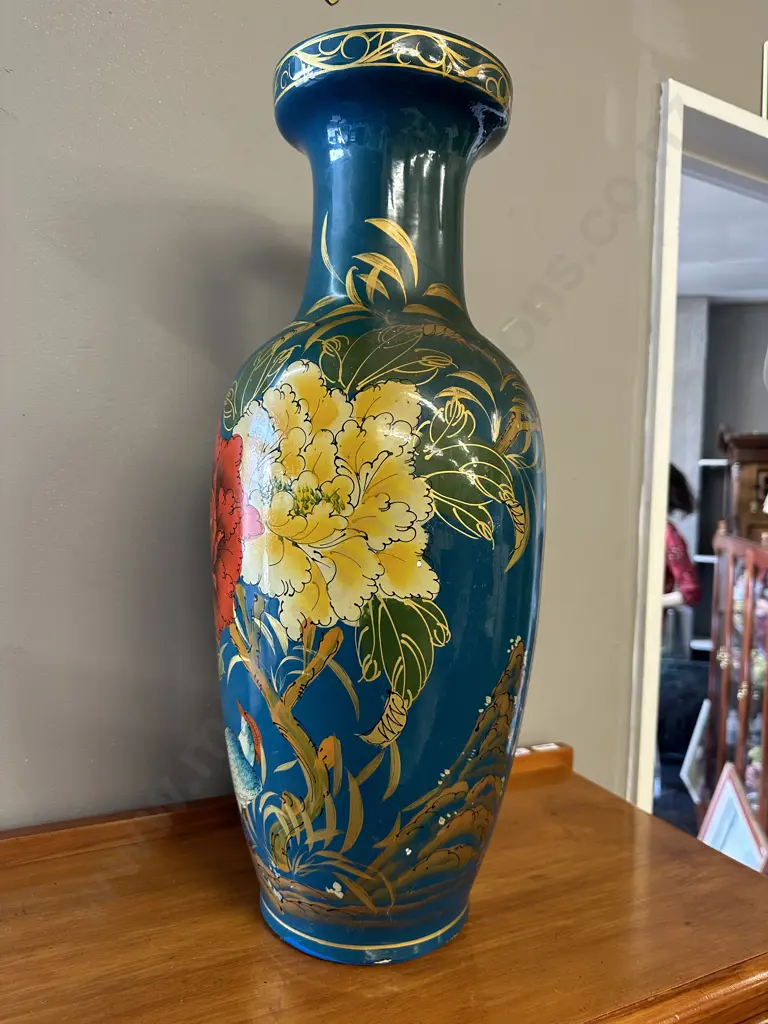 Large Vintage Hand painted Floor Vase, Aqua Background Floral Detail, H62cm Image 1++