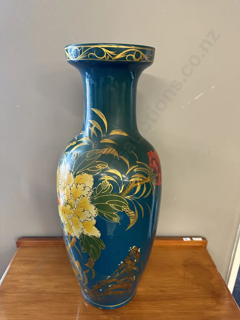 Large Vintage Hand painted Floor Vase, Aqua Background Floral Detail, H62cm Image 1++