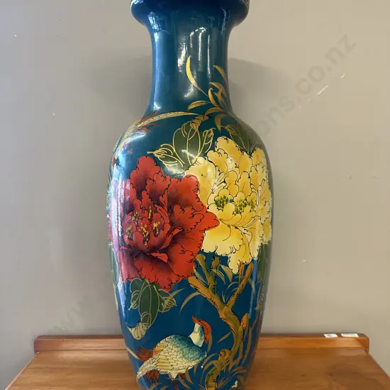 Large Vintage Hand painted Floor Vase, Aqua Background Floral Detail, H62cm