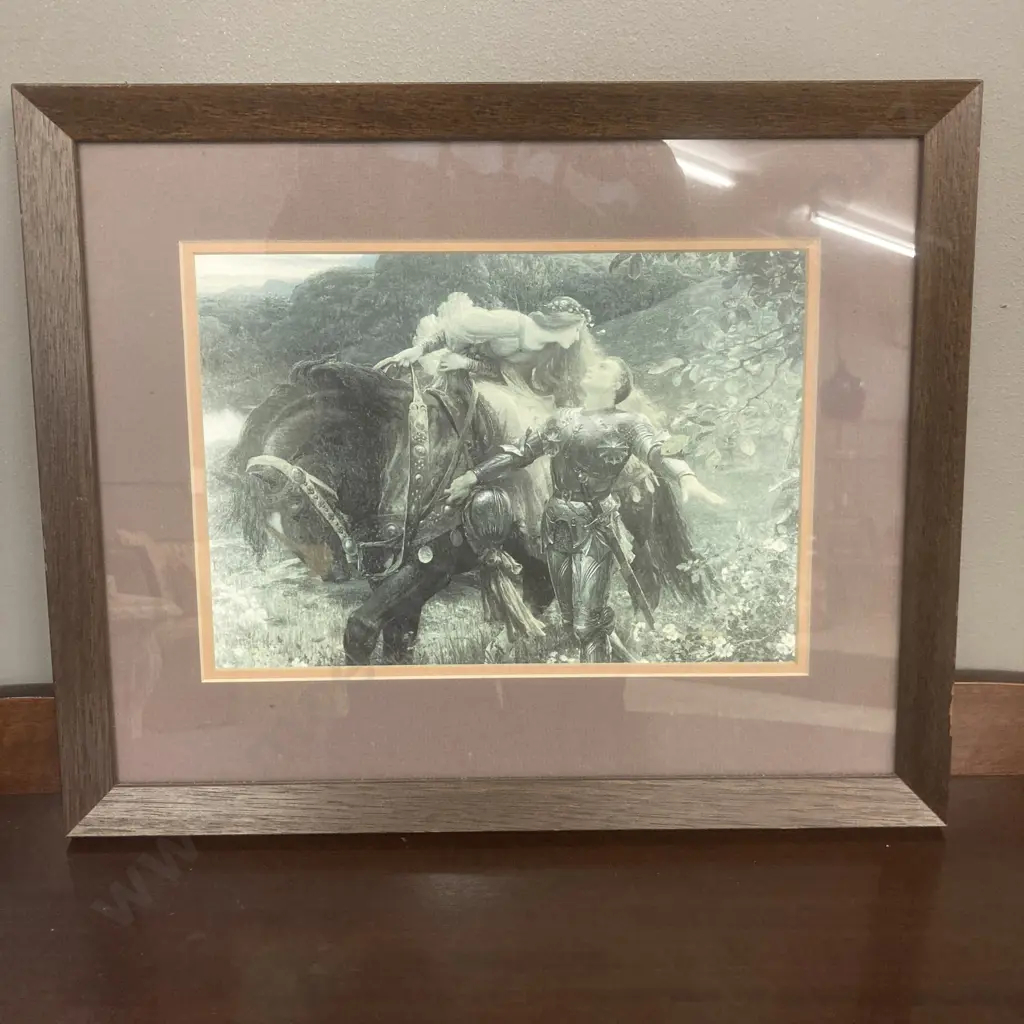 Oak Framed Black & White Print La Belle Dame Sans Merci by Sir Frank Bernard Dicksee, 34 x 42cm Image 1++