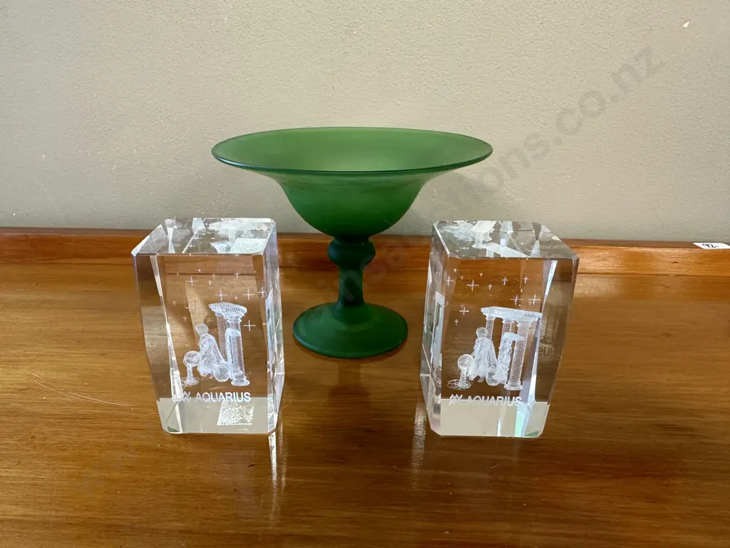 Pair Of Aquarius Glass Paperweights With Green Glass Compote Dish Image 1++