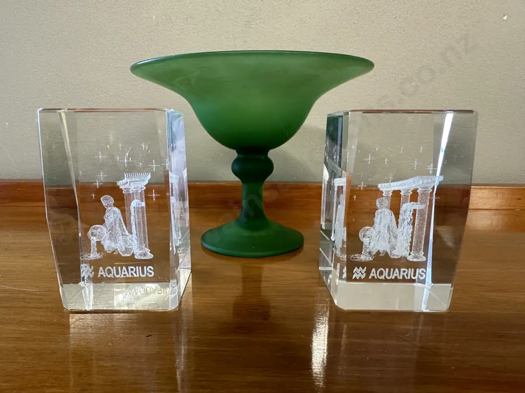 Pair Of Aquarius Glass Paperweights With Green Glass Compote Dish Image 1++