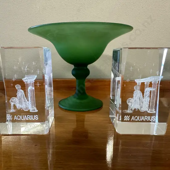 Pair Of Aquarius Glass Paperweights With Green Glass Compote Dish
