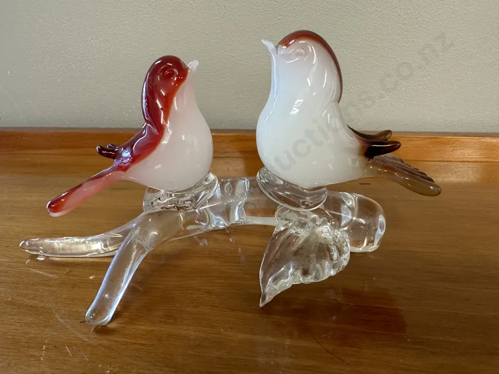 Murano? Glass Two Birds Sitting On A Branch, Red & Gold Image 1++