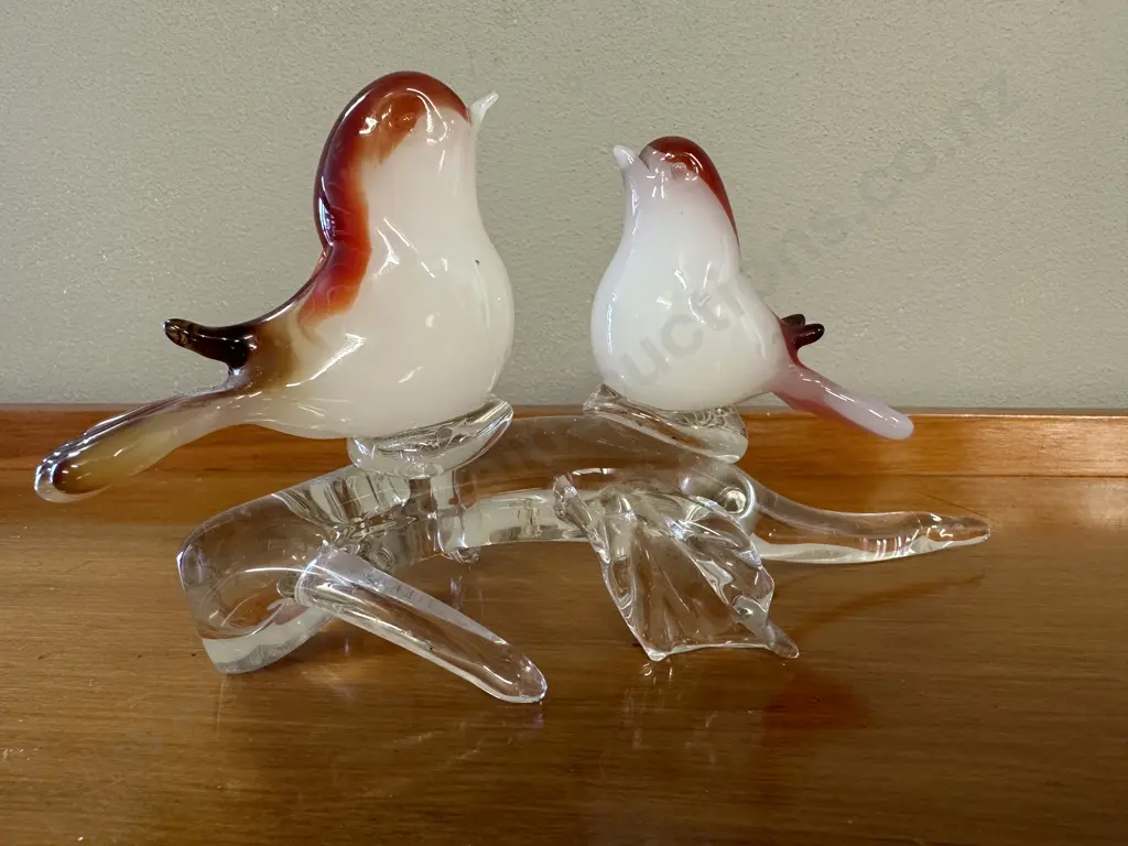 Murano? Glass Two Birds Sitting On A Branch, Red & Gold Image 1++
