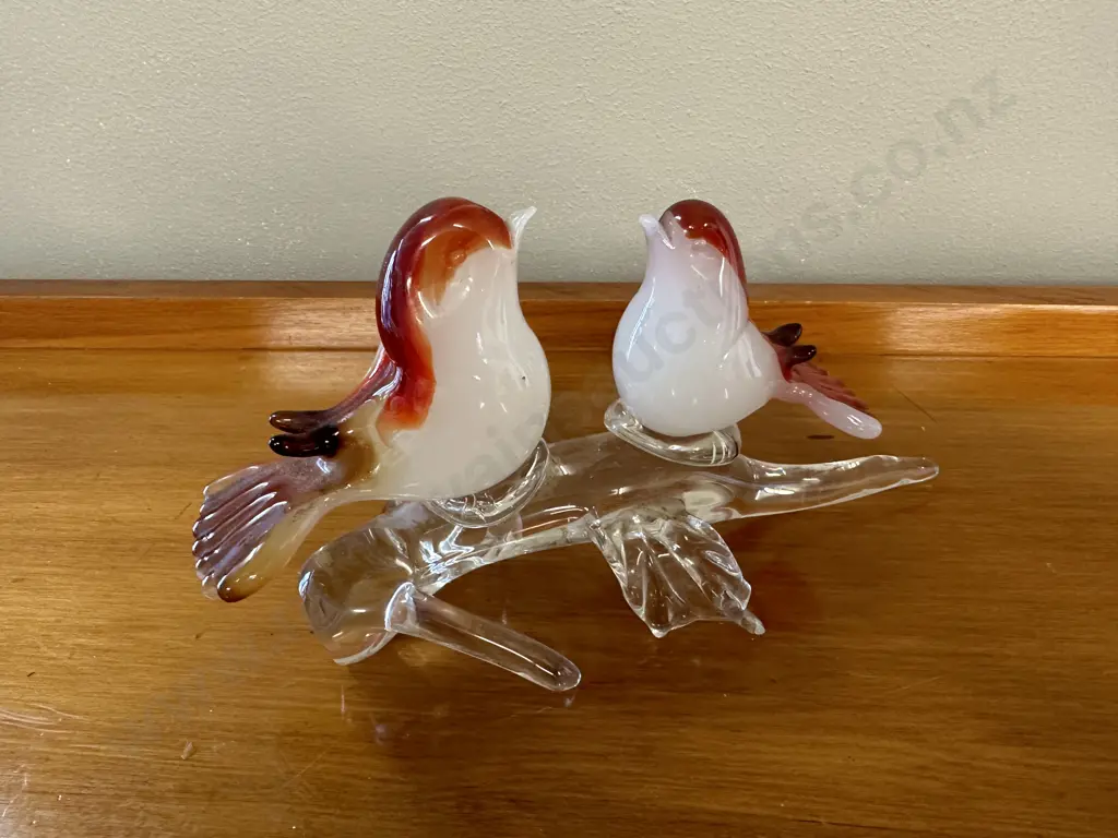 Murano? Glass Two Birds Sitting On A Branch, Red & Gold Image 1++
