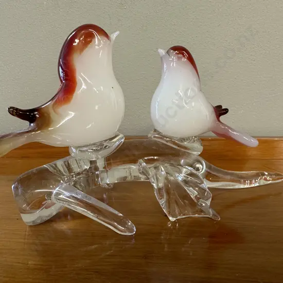 Murano? Glass Two Birds Sitting On A Branch, Red & Gold