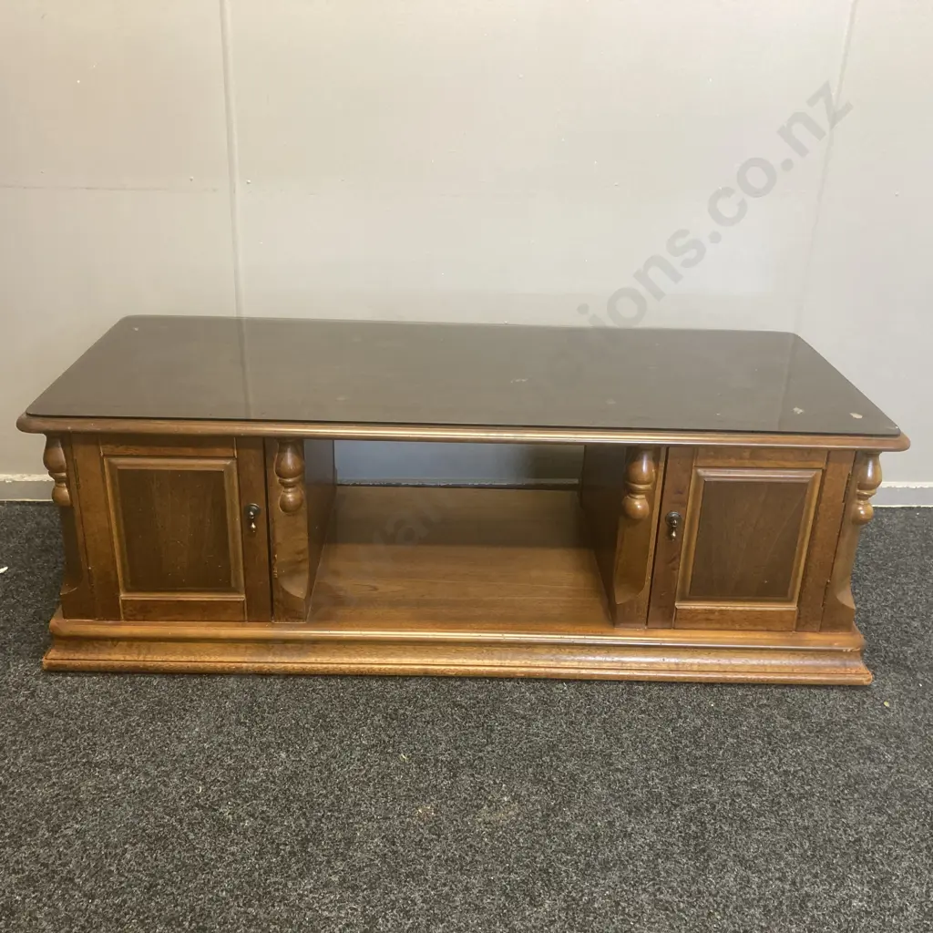 Mahogany Occasional Table With Tinted Glass Top, 4 Doors, Mobile, H47 W140 D59cm Image 1++