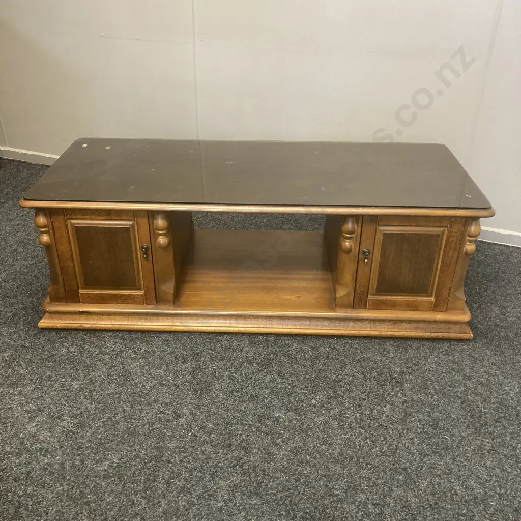Mahogany Occasional Table With Tinted Glass Top, 4 Doors, Mobile, H47 W140 D59cm Image 1++