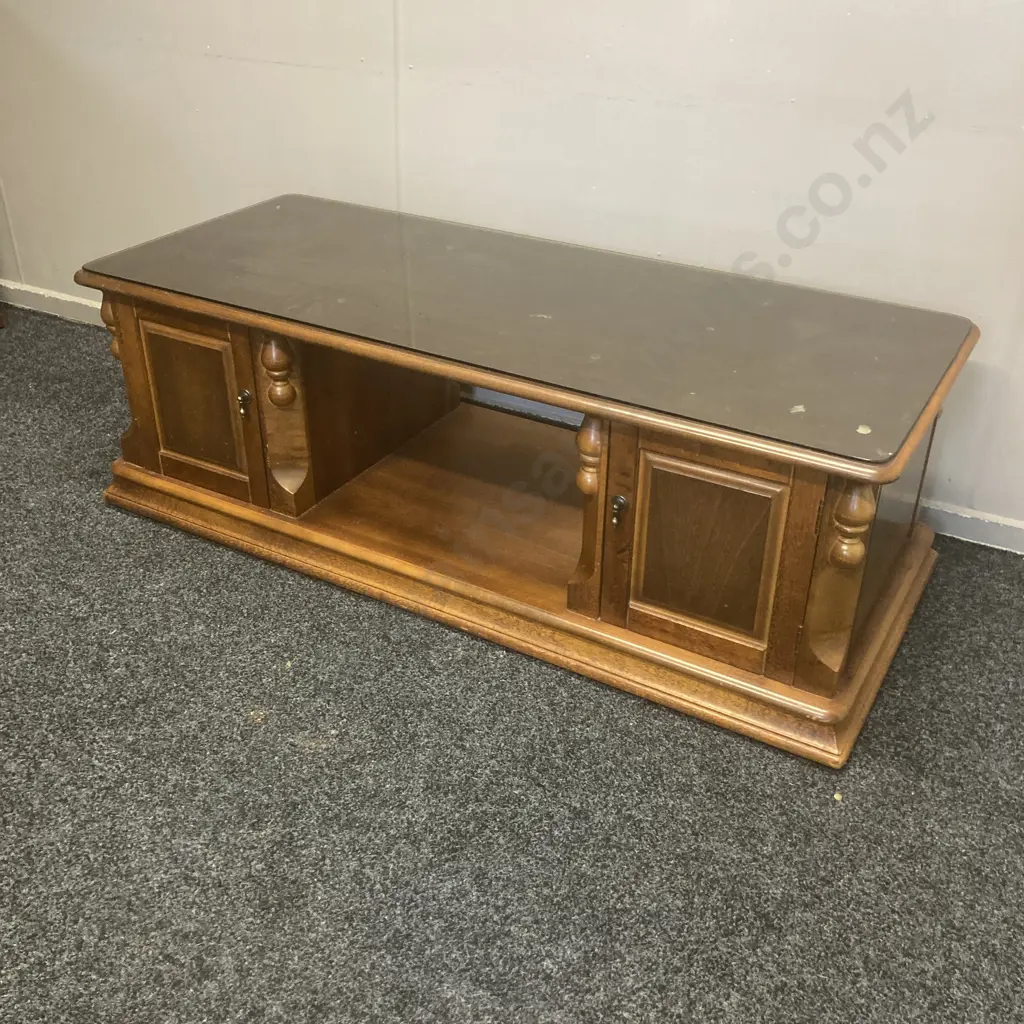 Mahogany Occasional Table With Tinted Glass Top, 4 Doors, Mobile, H47 W140 D59cm Image 1++