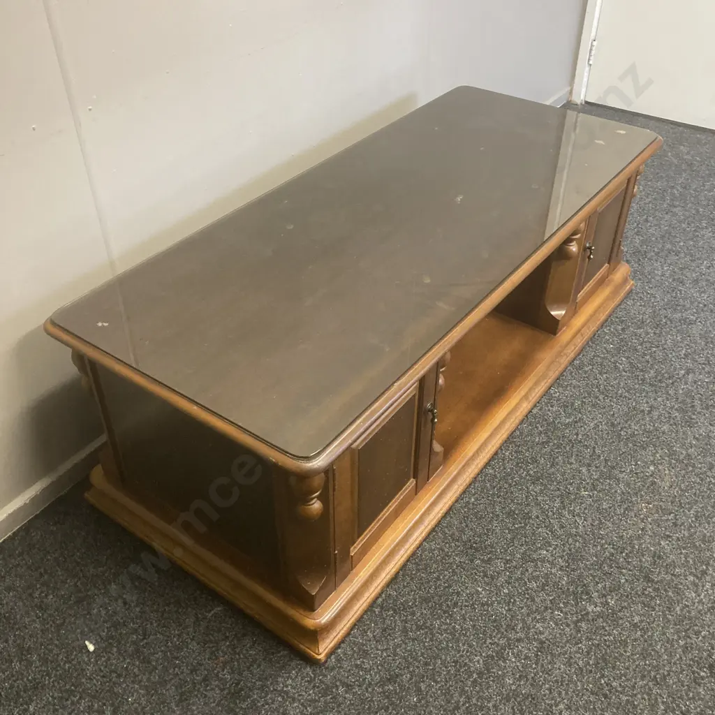 Mahogany Occasional Table With Tinted Glass Top, 4 Doors, Mobile, H47 W140 D59cm Image 1++