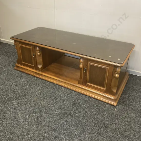 Mahogany Occasional Table With Tinted Glass Top, 4 Doors, Mobile, H47 W140 D59cm