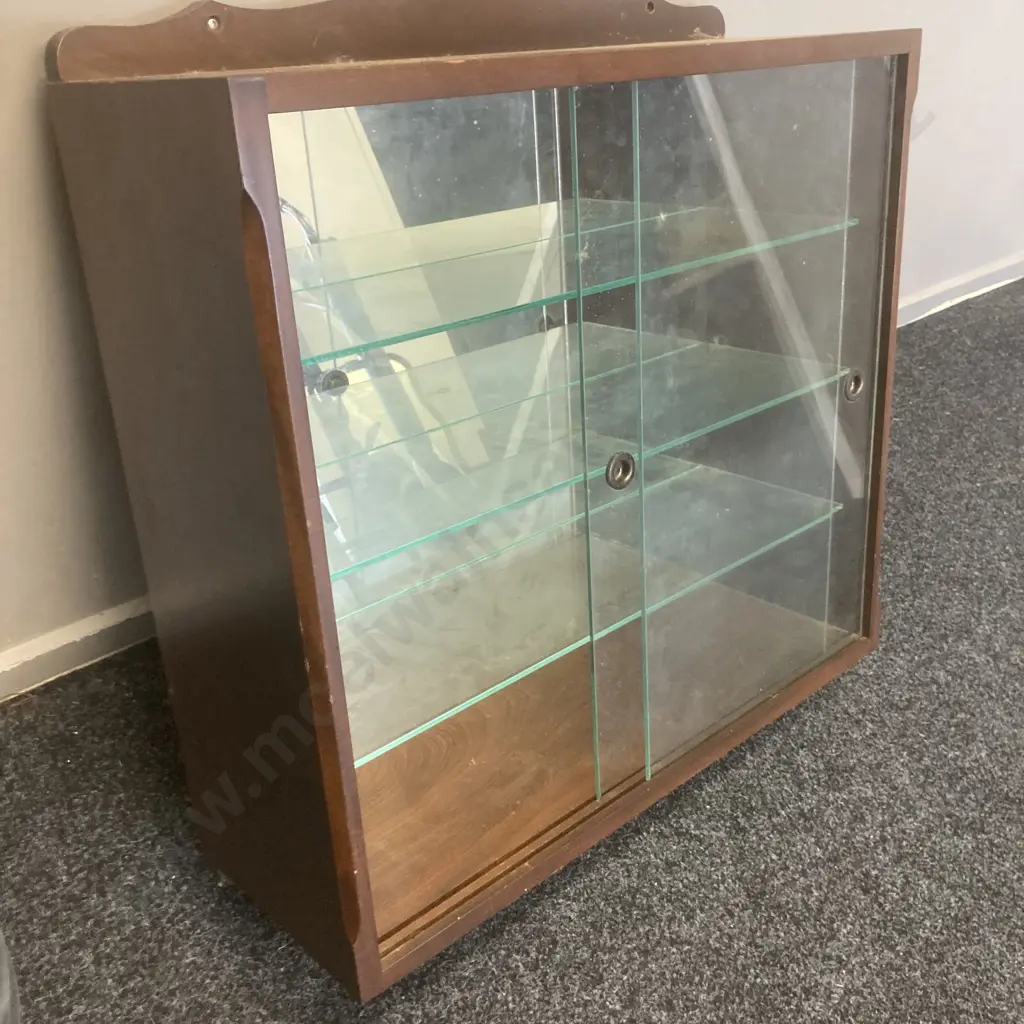 Wall Hung Mahogany Display Cabinet, 2 x Sliding Glass Doors & 3 Shelves, Mirror Backed, H70 W66 D22.45cm Image 1++
