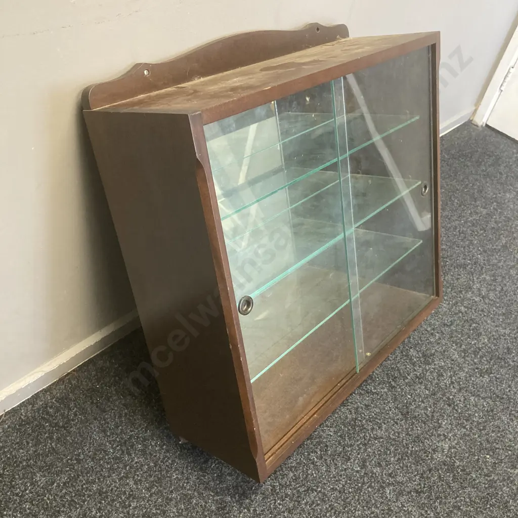 Wall Hung Mahogany Display Cabinet, 2 x Sliding Glass Doors & 3 Shelves, Mirror Backed, H70 W66 D22.45cm Image 1++