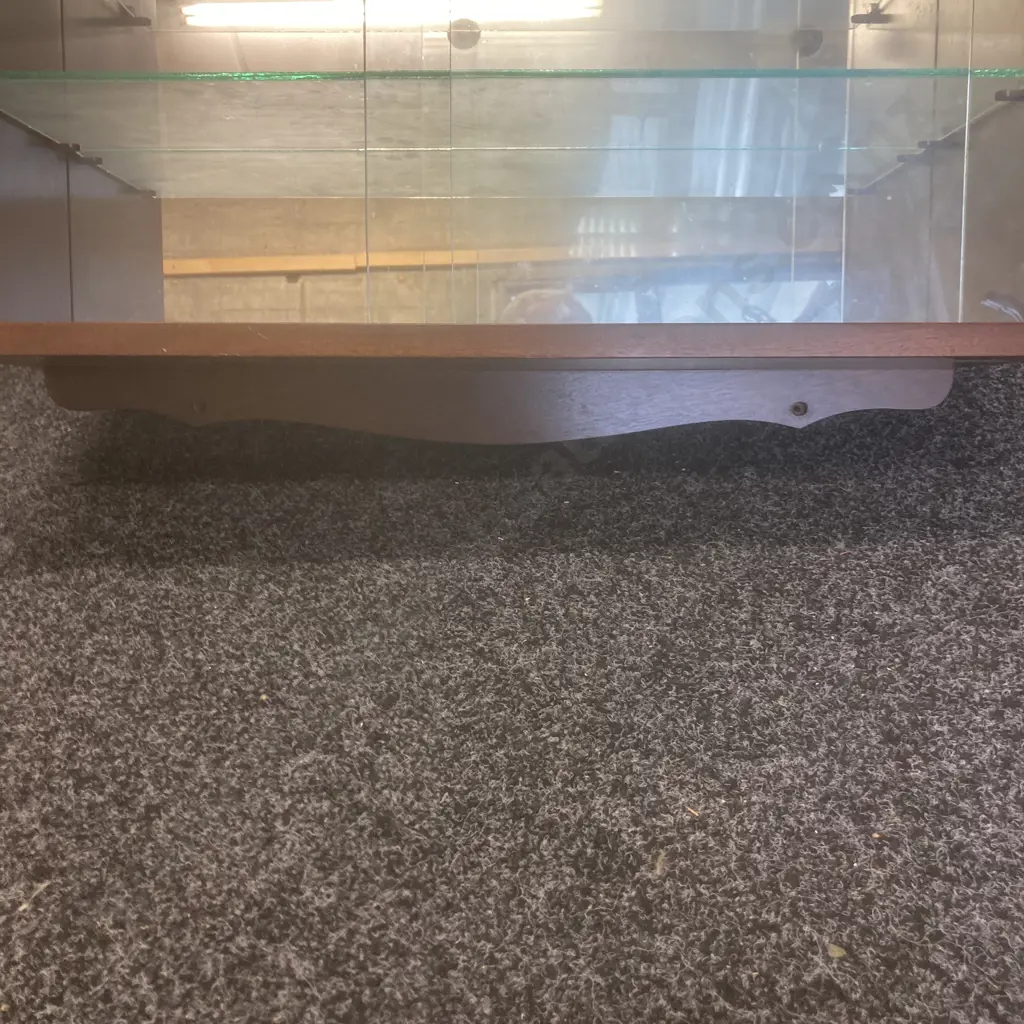 Wall Hung Mahogany Display Cabinet, 2 x Sliding Glass Doors & 3 Shelves, Mirror Backed, H70 W66 D22.45cm Image 1++