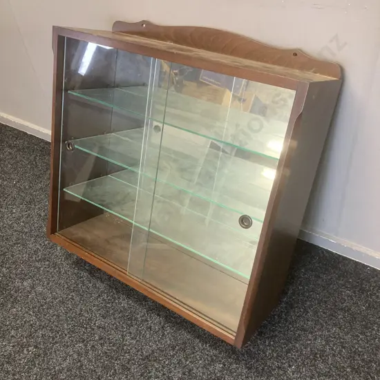 Wall Hung Mahogany Display Cabinet, 2 x Sliding Glass Doors & 3 Shelves, Mirror Backed, H70 W66 D22.45cm