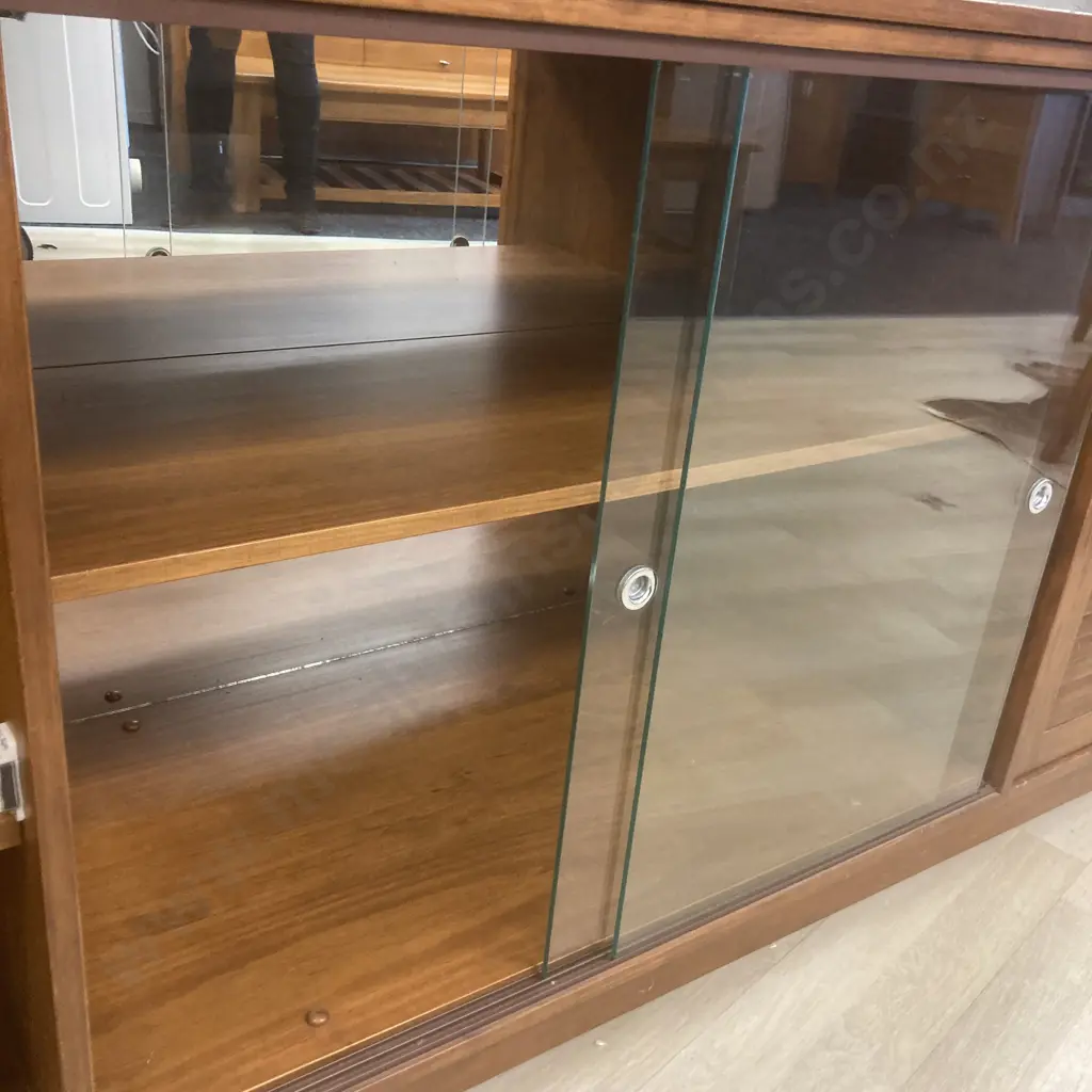 Vintage Pine Sideboard China Display Cabinet, Sliding Glass Doors, Mirror Back, H78 W175 D49cm Image 1++