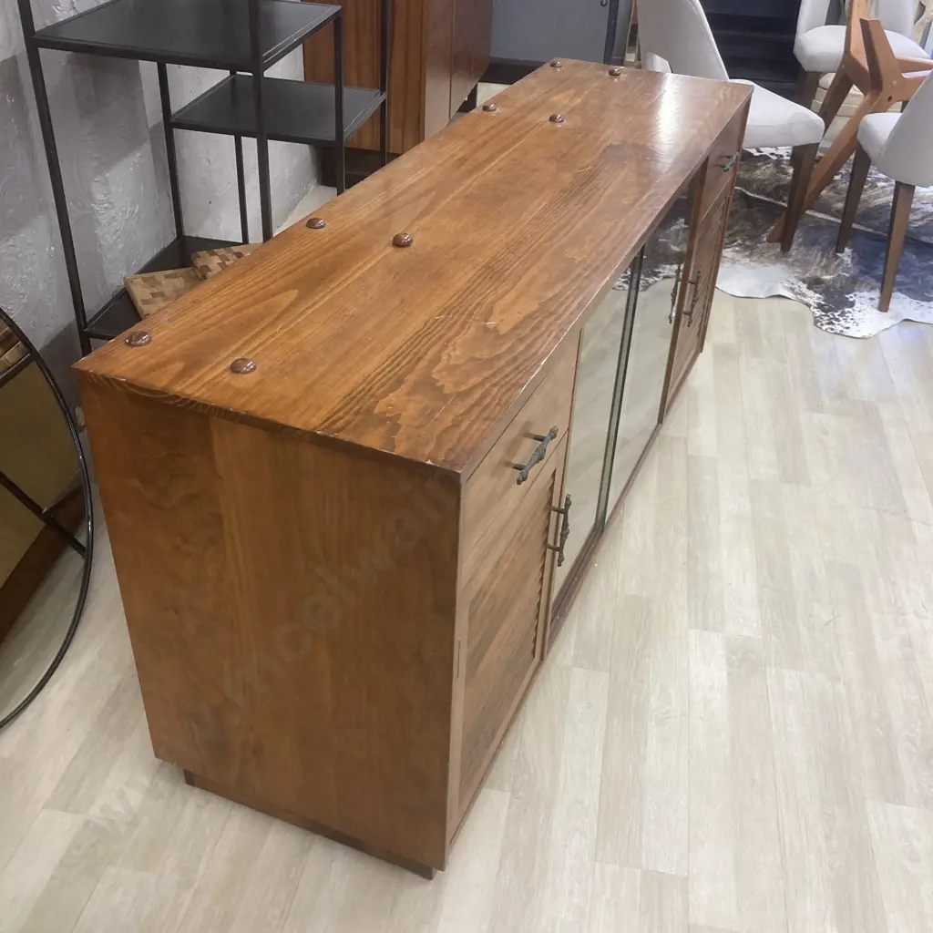 Vintage Pine Sideboard China Display Cabinet, Sliding Glass Doors, Mirror Back, H78 W175 D49cm Image 1++