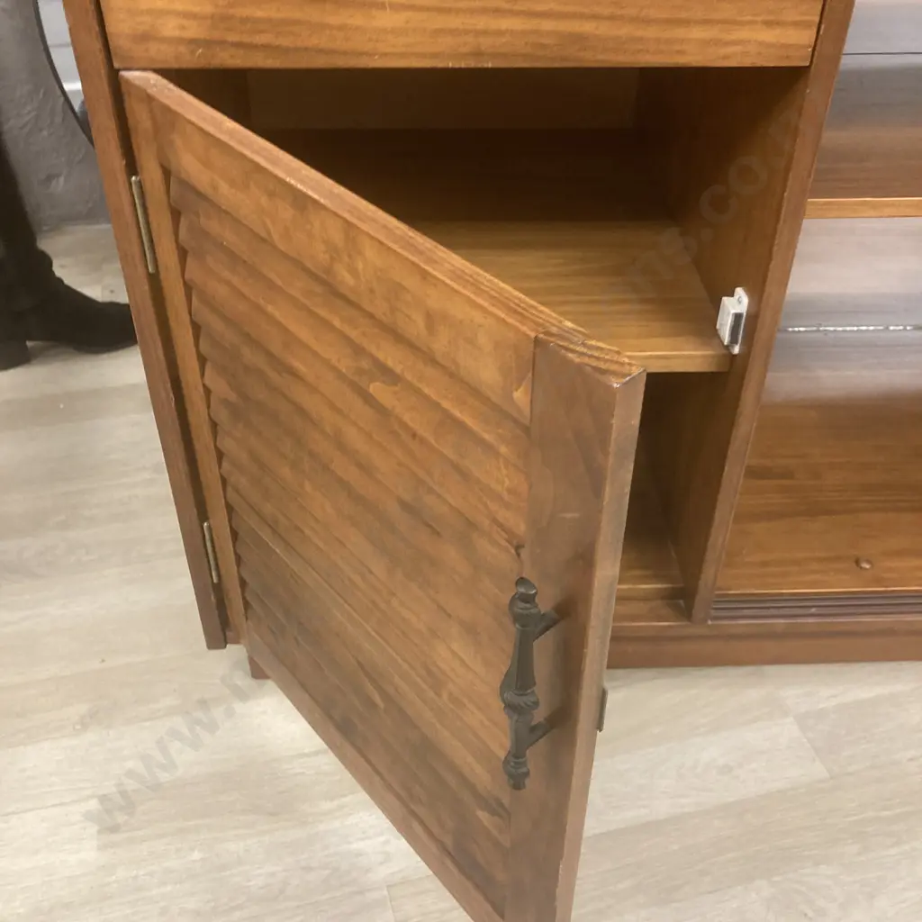 Vintage Pine Sideboard China Display Cabinet, Sliding Glass Doors, Mirror Back, H78 W175 D49cm Image 1++