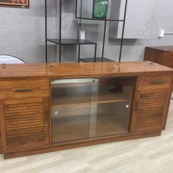 Vintage Pine Sideboard China Display Cabinet, Sliding Glass Doors, Mirror Back, H78 W175 D49cm