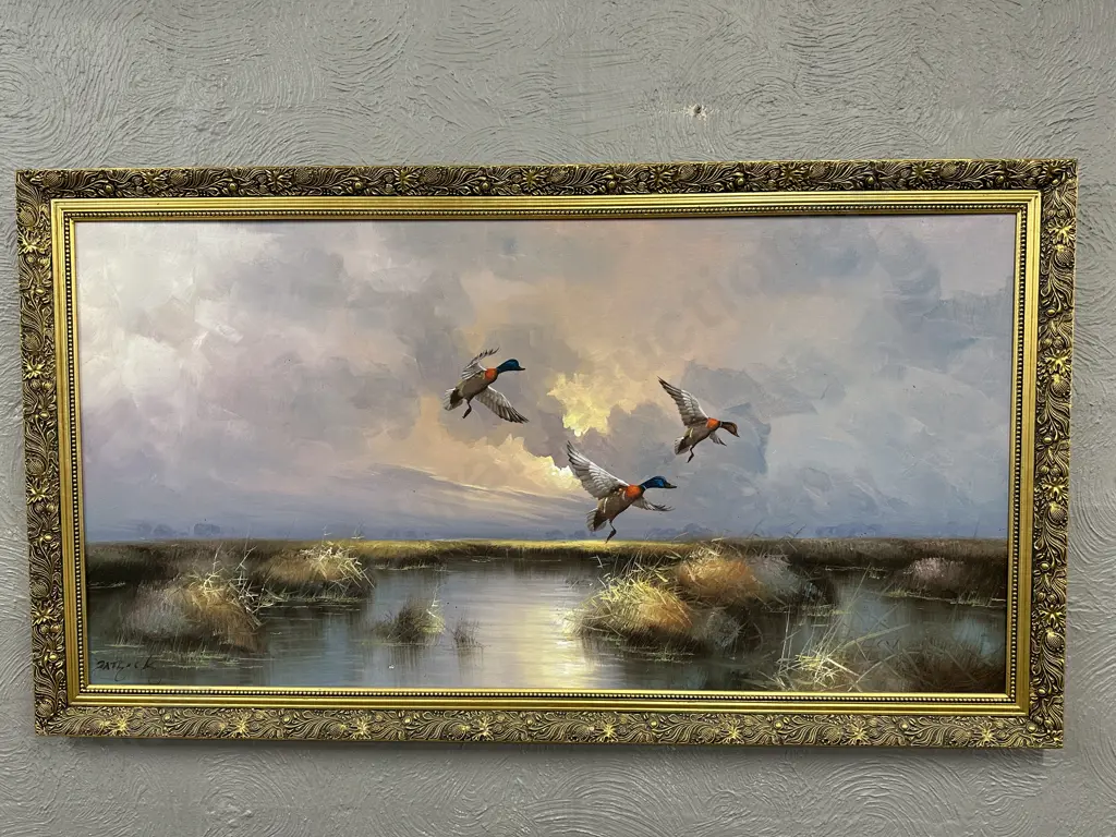 Vintage Ornate Gilt Framed Artwork 'Flying Ducks' Signed, 70 x 127cm Image 1++