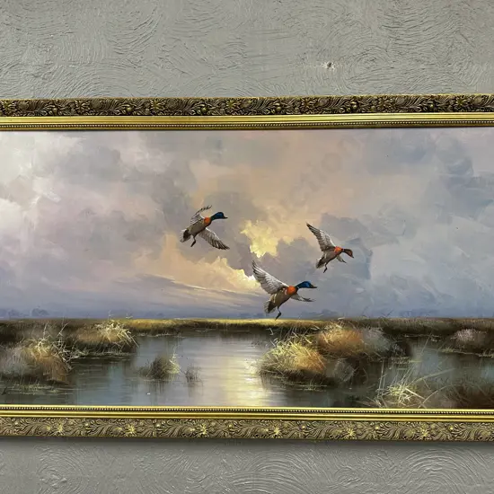Vintage Ornate Gilt Framed Artwork 'Flying Ducks' Signed, 70 x 127cm