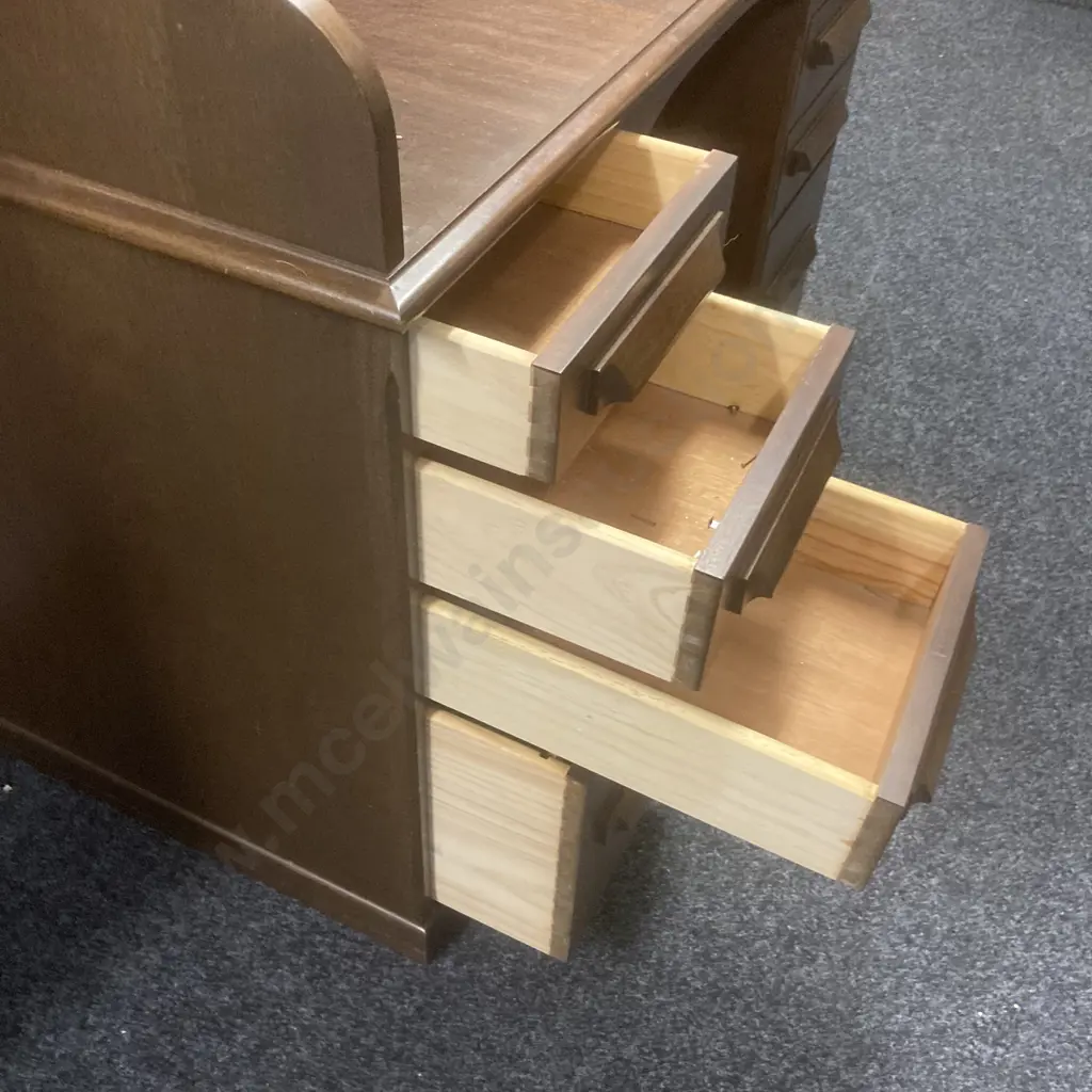 Large Mahogany Roll Top Desk With Key, 20 Various Drawers & Pigeon Holes, H115 W117 D62cm Image 1++
