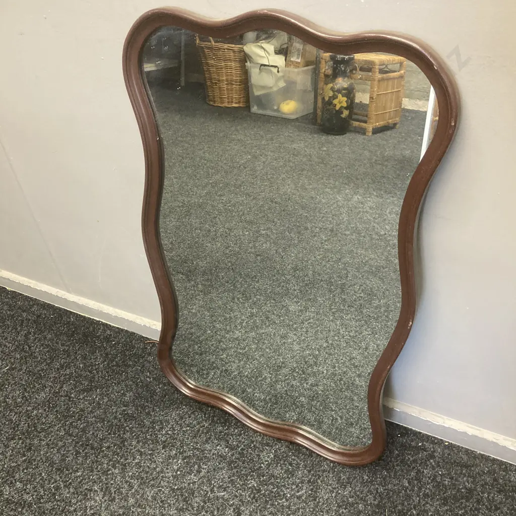 Mahogany Wavey Bevelled Framed Mirror, Vintage Copper Sealed, 77 x 48cm Image 1++