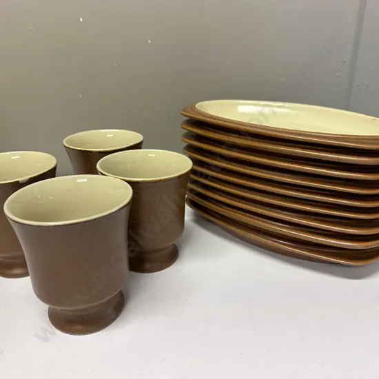 Oval Pottery Entree Plates x9 & 4 Footed Pottery Goblets