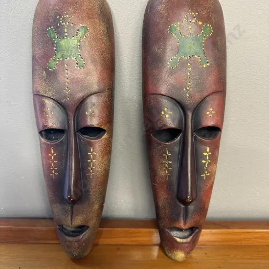 Pair of Decorative Wooden Wall Mask Hangings H31cm