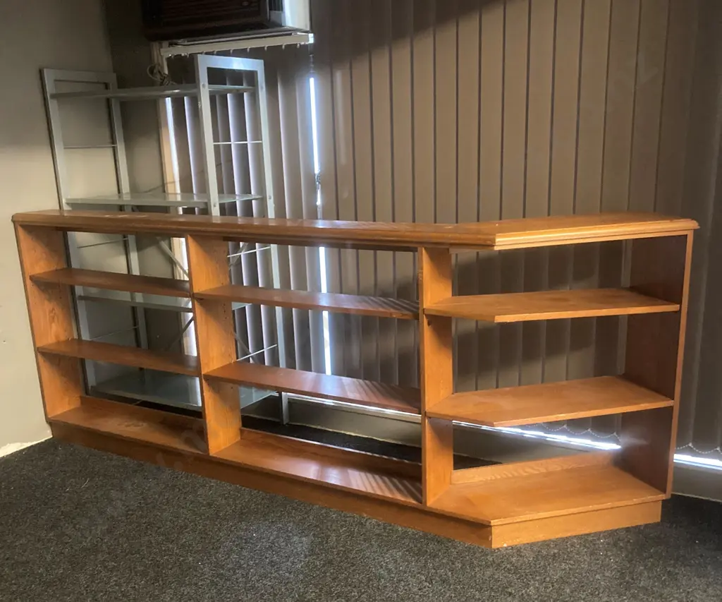 Oak Bookcase With RHS Dog Leg, H96.5 Int 184 x 19.5 64 x 29.5, Ext 207 x 19.5 62 x 29.5cm, 6 x Adjustable Oak Shelves Image 1++