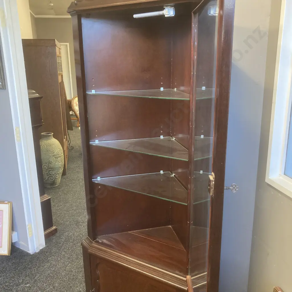 Mahogany Corner China Display Cabinet, 3 x Adjustable Glass Shelves, Light In Top, Door At Base, With Keys, Image 1++