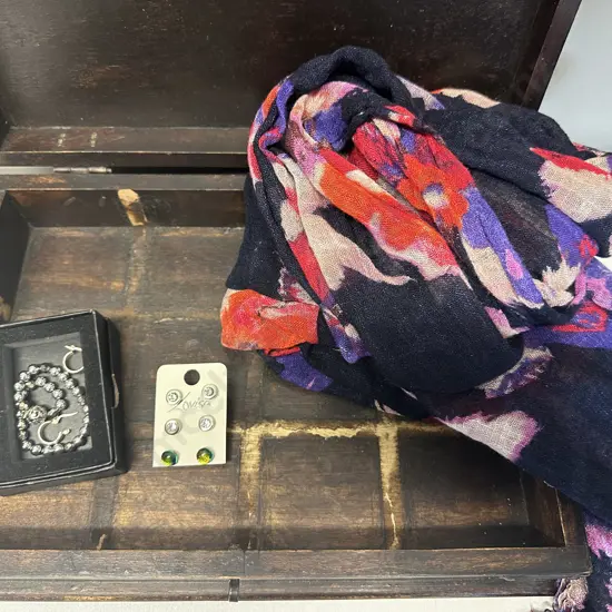 Wooden Storage Box With Sterling Silver Earrings, Scarf, Etc