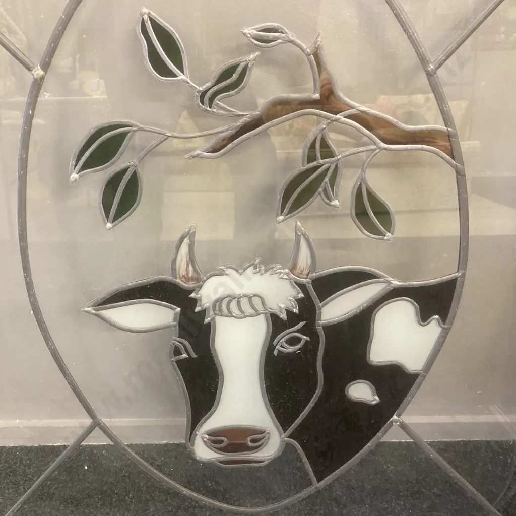 Clear Glass Leadlight Panel With Cow & Branch Detail, 90 x 80cm, Damage To Bottom LH Corner Image 1++