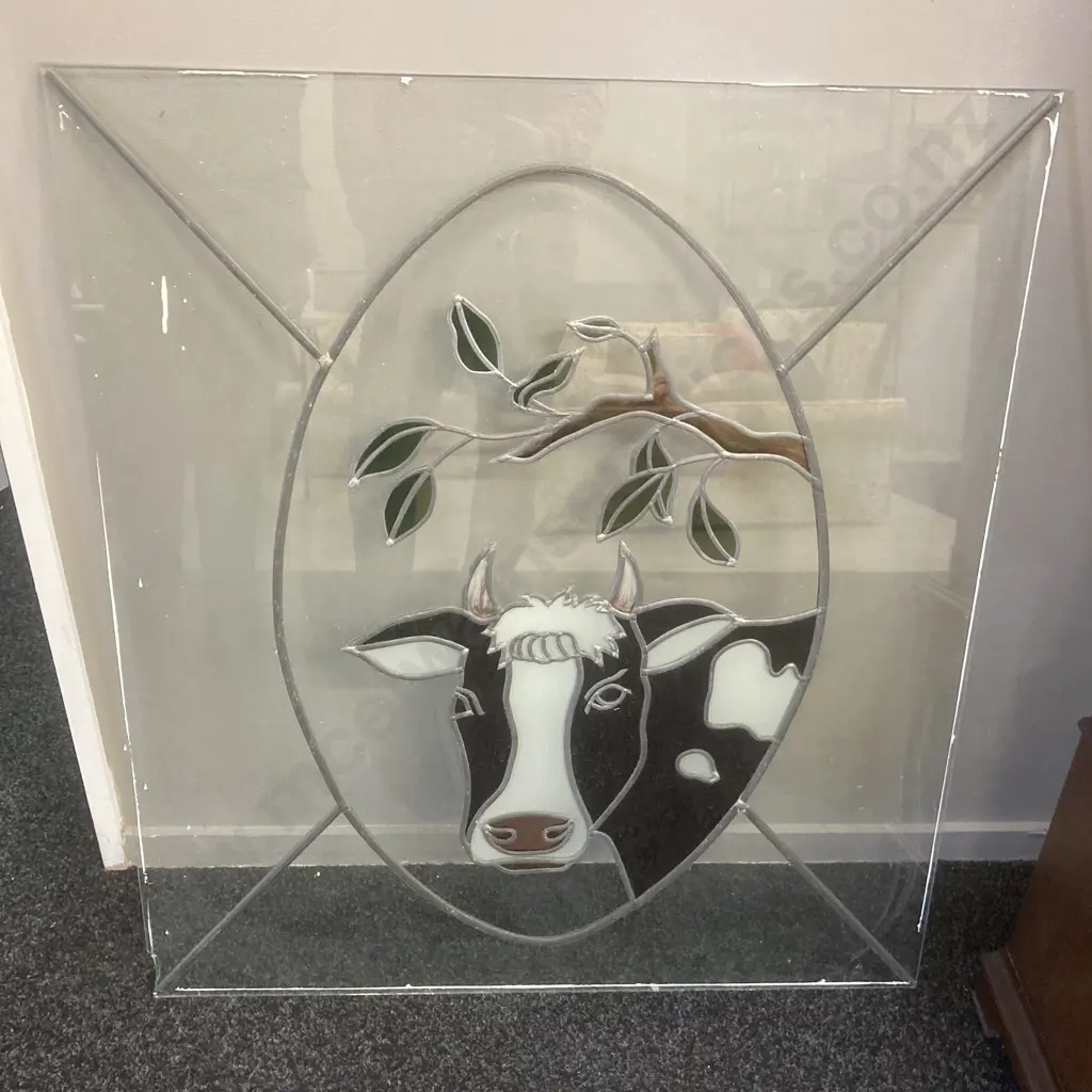 Clear Glass Leadlight Panel With Cow & Branch Detail, 90 x 80cm, Damage To Bottom LH Corner Image 1++
